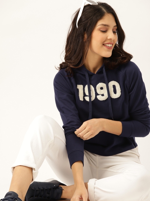 

DressBerry Women Navy Blue & White Typography Applique Hooded Sweatshirt