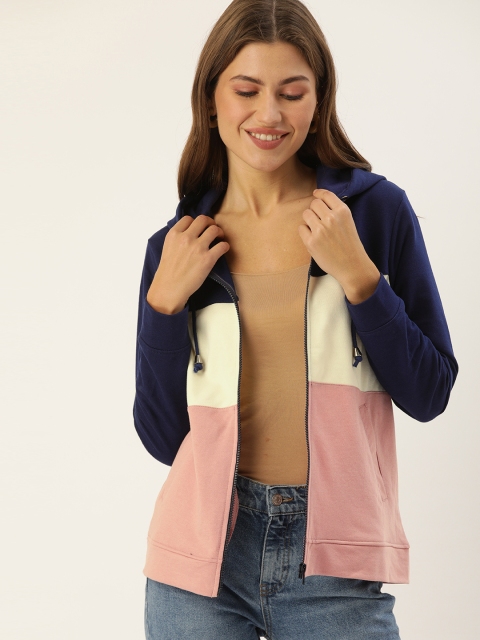 

DressBerry Women Navy Blue & Pink Striped Hooded Sweatshirt