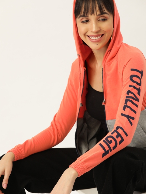 

DressBerry Women Coral Pink & Grey Melange Colourblocked Hooded Sweatshirt