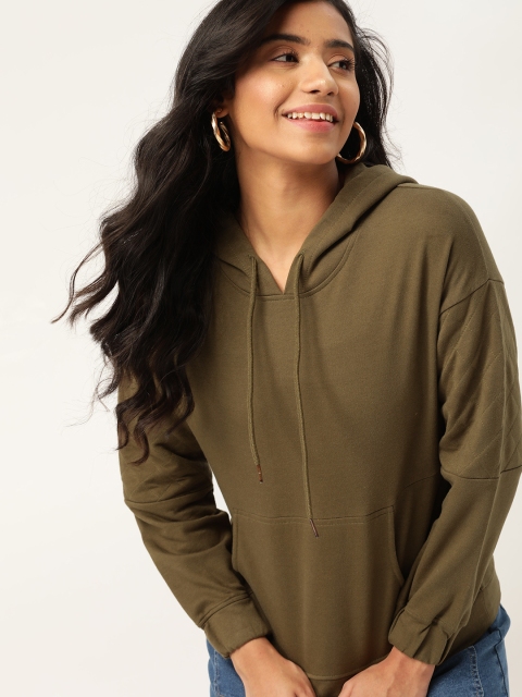 

DressBerry Women Olive Green Solid Hooded Sweatshirt