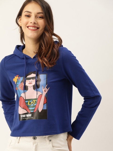 

DressBerry Women Navy Blue Graphic Printed Hooded Sweatshirt