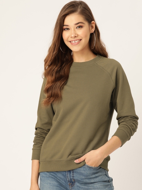 Women Olive Green Solid Sweatshirt