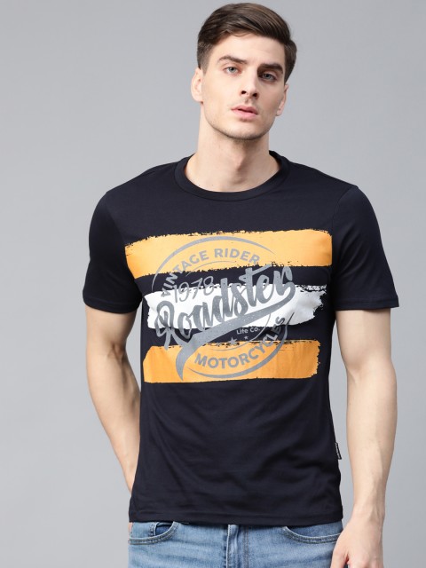 

Roadster Men Navy Blue Printed Round Neck Pure Cotton T-shirt