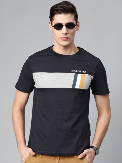 

Roadster Men Navy Blue Grey Melange Colourblocked Round Neck Pure Cotton T-shirt