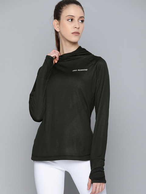 

HRX by Hrithik Roshan Women Jet Black Self-Striped Rapid-Dry Hooded Running T-Shirt