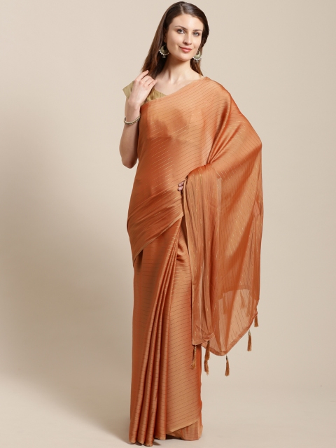 

Nanda Silk Mills Rust Brown & Golden Striped Saree