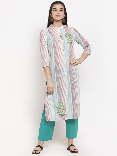 

ANAISA Women White & Mauve Striped Straight Cotton Dobby Embroidery Kurta