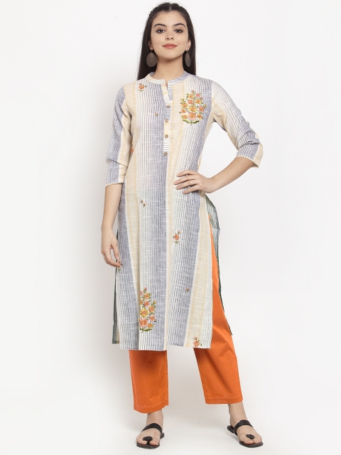 

ANAISA Women White & Grey Floral Embroidered Straight Kurta