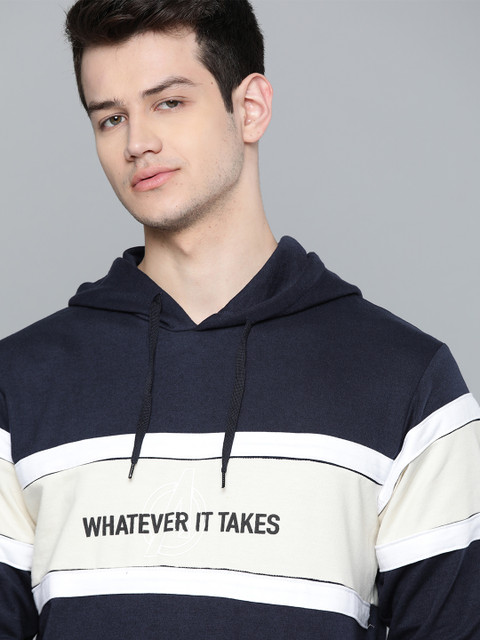 

Kook N Keech Marvel Men Navy Blue & Off-White Colourblocked Hooded Sweatshirt