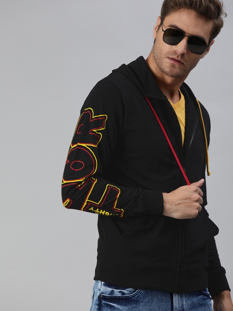 

Kook N Keech Marvel Men Black Solid Hooded Sweatshirt with Printed Sleeve