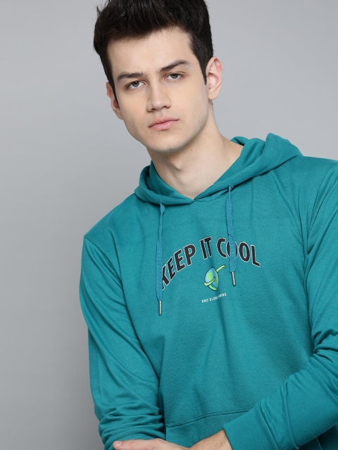 

Kook N Keech Men Teal Green Solid Hooded Sweatshirt with Printed Detail