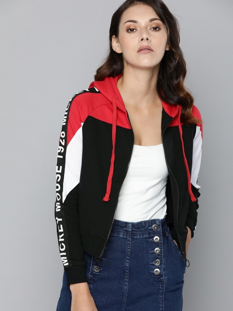 Women Black & Red Colourblocked Hooded Sweatshirt with Side Stripes