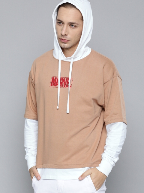 Men Beige & White Marvel Printed Hooded Sweatshirt