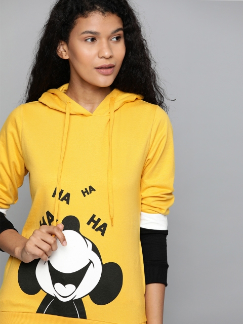 

Kook N Keech Disney Women Yellow & Black Mickey Mouse Hooded Longline Sweatshirt