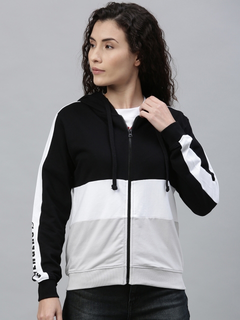 Women Black & White Colourblocked Hooded Sweatshirt