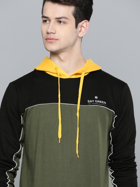 

Kook N Keech Marvel Men Olive Green & Black Colourblocked Hooded Sweatshirt