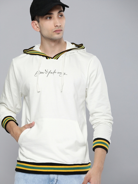 

Kook N Keech Men Off-White Solid Hooded Pullover Sweatshirt with Striped Detailing