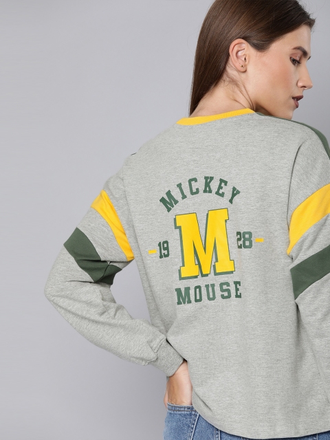 

Kook N Keech Disney Women Grey Melange & Olive Green Colourblocked Pullover Sweatshirt