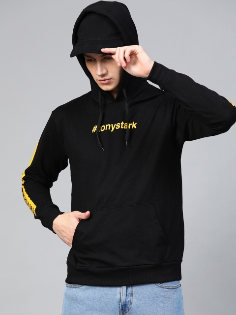 

Kook N Keech Marvel Men Black & Yellow Solid Hooded Sweatshirt with Ironman Print Detail