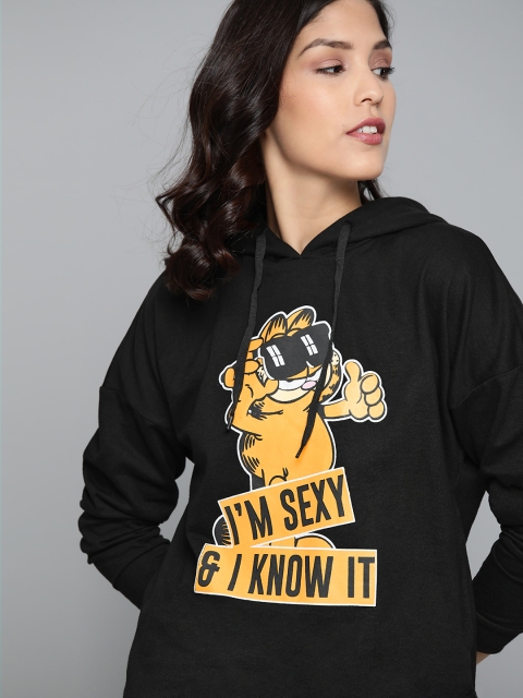 

Kook N Keech Garfield Women Black & Mustard Yellow Acrylic Graphic Printed Hooded Sweatshirt