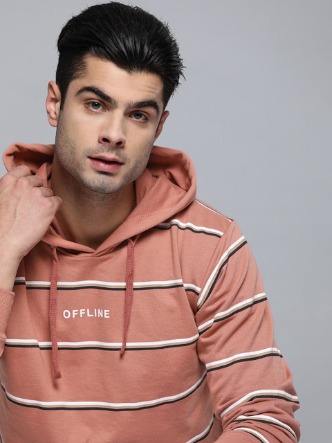 

Kook N Keech Men Peach-Coloured & White Striped Hooded Sweatshirt