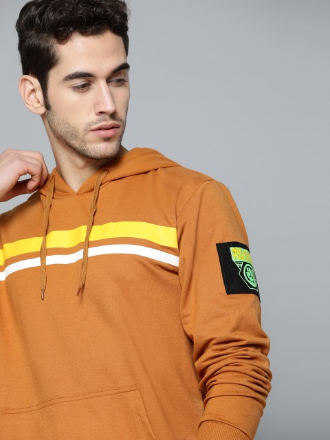 

Kook N Keech Marvel Men Rust Orange Solid Hooded Sweatshirt with Striped Detail