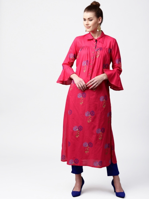 

Tulsattva Women Pink & Blue Printed A-Line Kurta