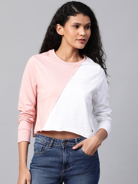 

Roadster Women Pink & White Colourblocked Round Neck T-shirt