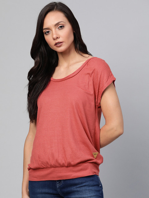 

Roadster Women Peach-Coloured Ribbed Blouson Top