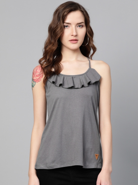 

Roadster Women Grey Solid Ruffled Top