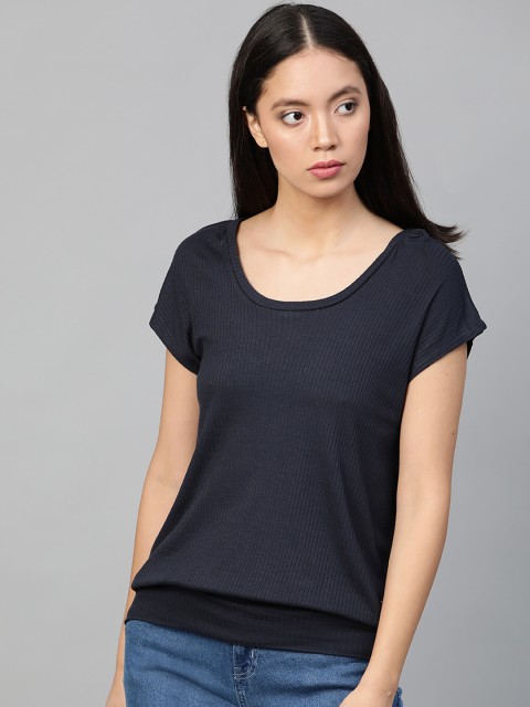 

Roadster Women Navy Blue Ribbed Blouson Top