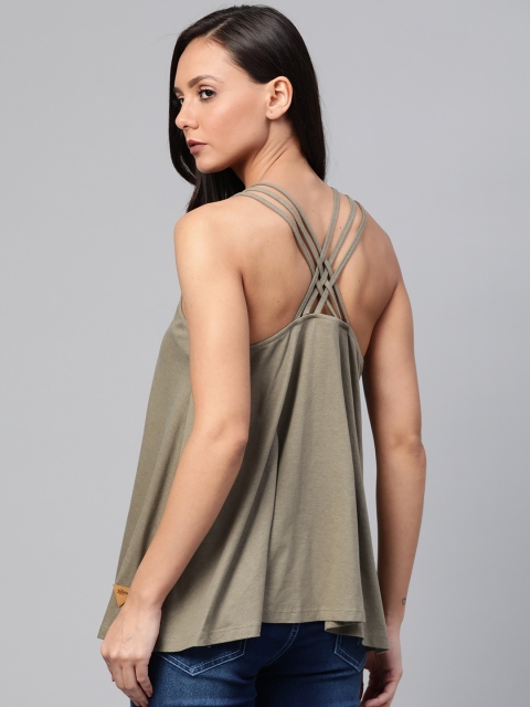 

Roadster Women Olive Green Solid Styled Back Top