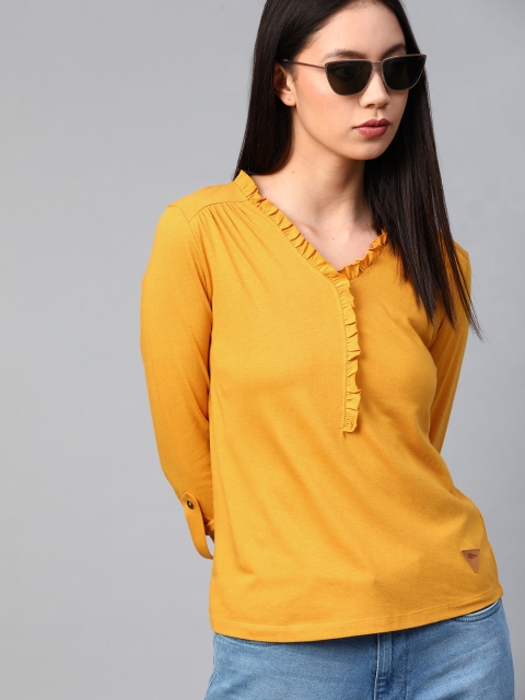 

Roadster Women Mustard Yellow Frilled Solid Top