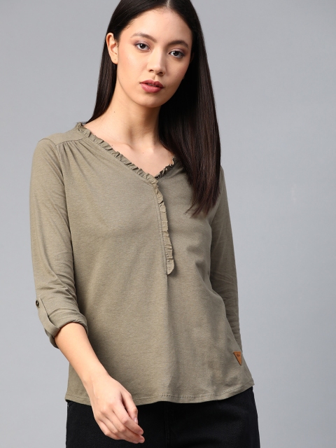 

Roadster Women Olive Green Frilled Solid Top