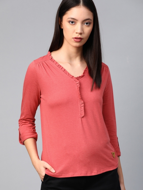 

Roadster Women Red Frilled Solid Top