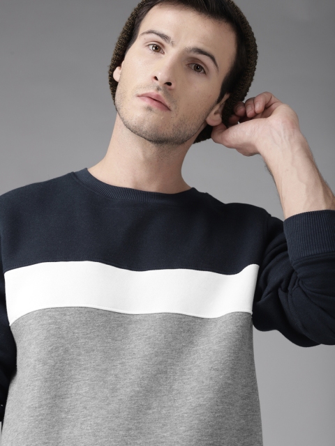 

Roadster Men Navy Blue & Grey Melange Colourblocked Sweatshirt