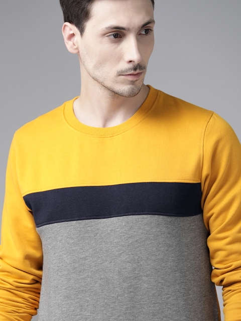 

Roadster Men Grey Melange & Yellow Colourblocked Sweatshirt