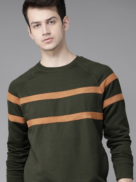 

Roadster Men Olive Green & Camel Brown Striped Detail Sweatshirt