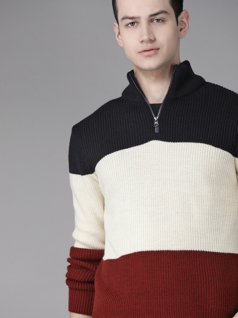 Men Off-White & Maroon Colourblocked Pullover