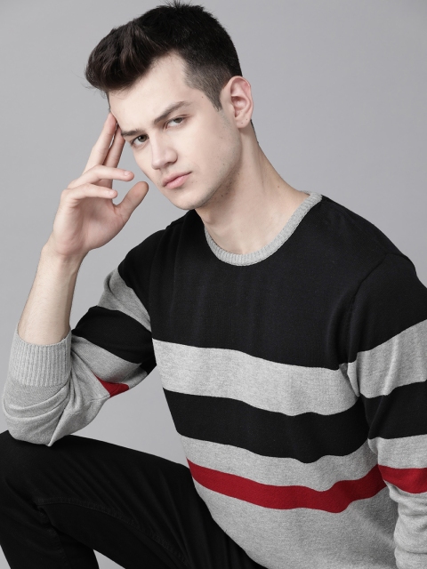 

Roadster Men Black & Grey Melange Striped Pullover Sweater