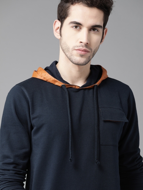 

Roadster Men Navy Blue & Brown Solid Hooded Sweatshirt