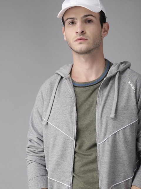 

Roadster Men Grey Melange Solid Panelled Hooded Sweatshirt