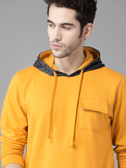 

Roadster Men Mustard Yellow & Charcoal Grey Solid Hooded Sweatshirt