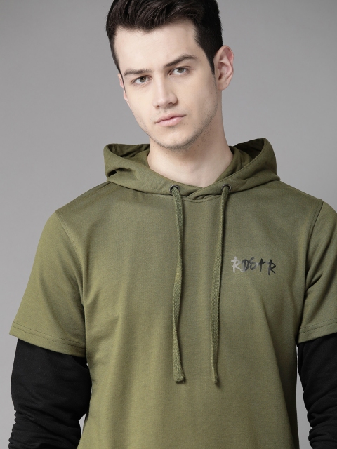 

Roadster Men Olive Green Solid Hooded Sweatshirt