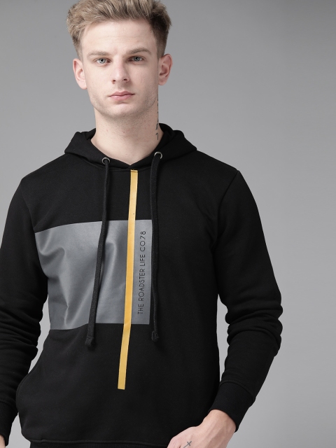 

Roadster Men Black & Grey Colourblocked Hooded Sweatshirt