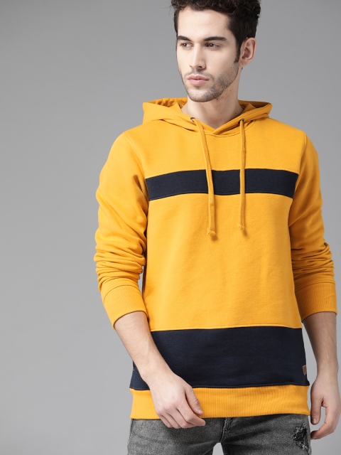 

Roadster Men Mustard Yellow & Navy Blue Solid Hooded Sweatshirt