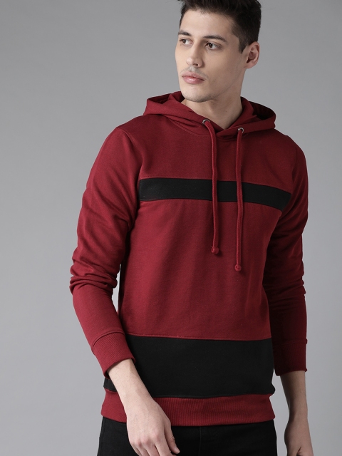 

Roadster Men Maroon & Black Colourblocked Hooded Sweatshirt