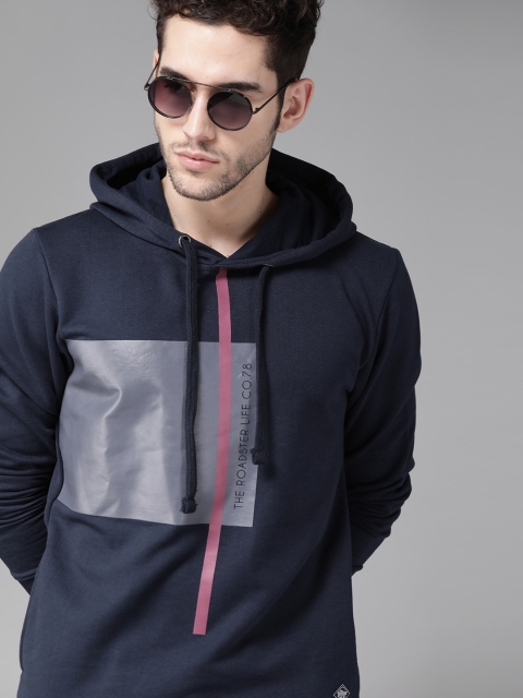 

Roadster Men Navy Blue Colourblocked Hooded Sweatshirt