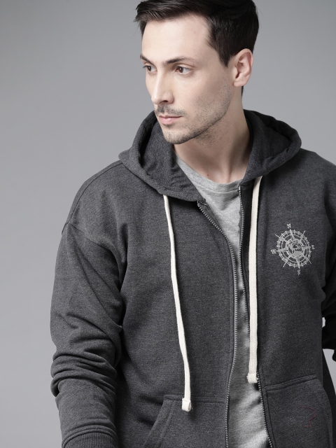 

Roadster Men Charcoal Solid Hooded Sweatshirt