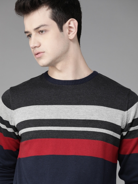 

Roadster Men Navy Blue & Grey Striped Pullover Sweater